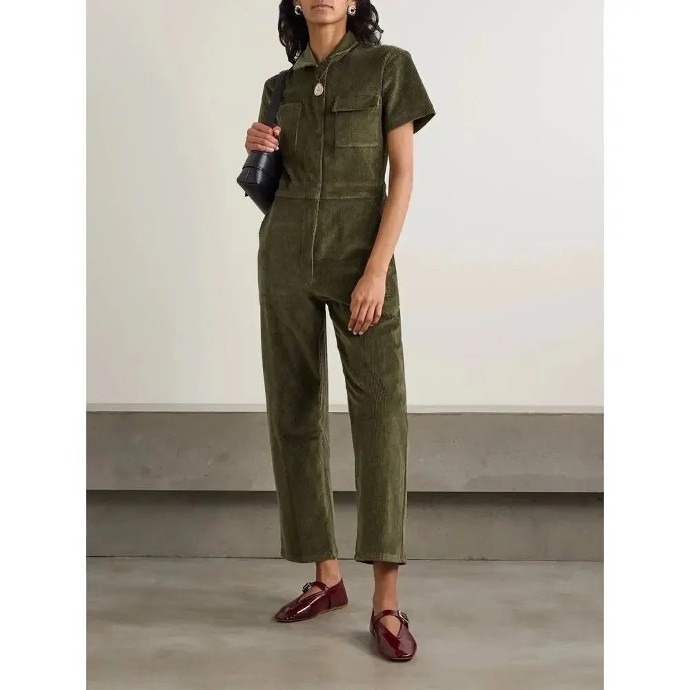 Rivet Utility Work Jumpsuit Olive Green Organic Cotton Corduroy XS